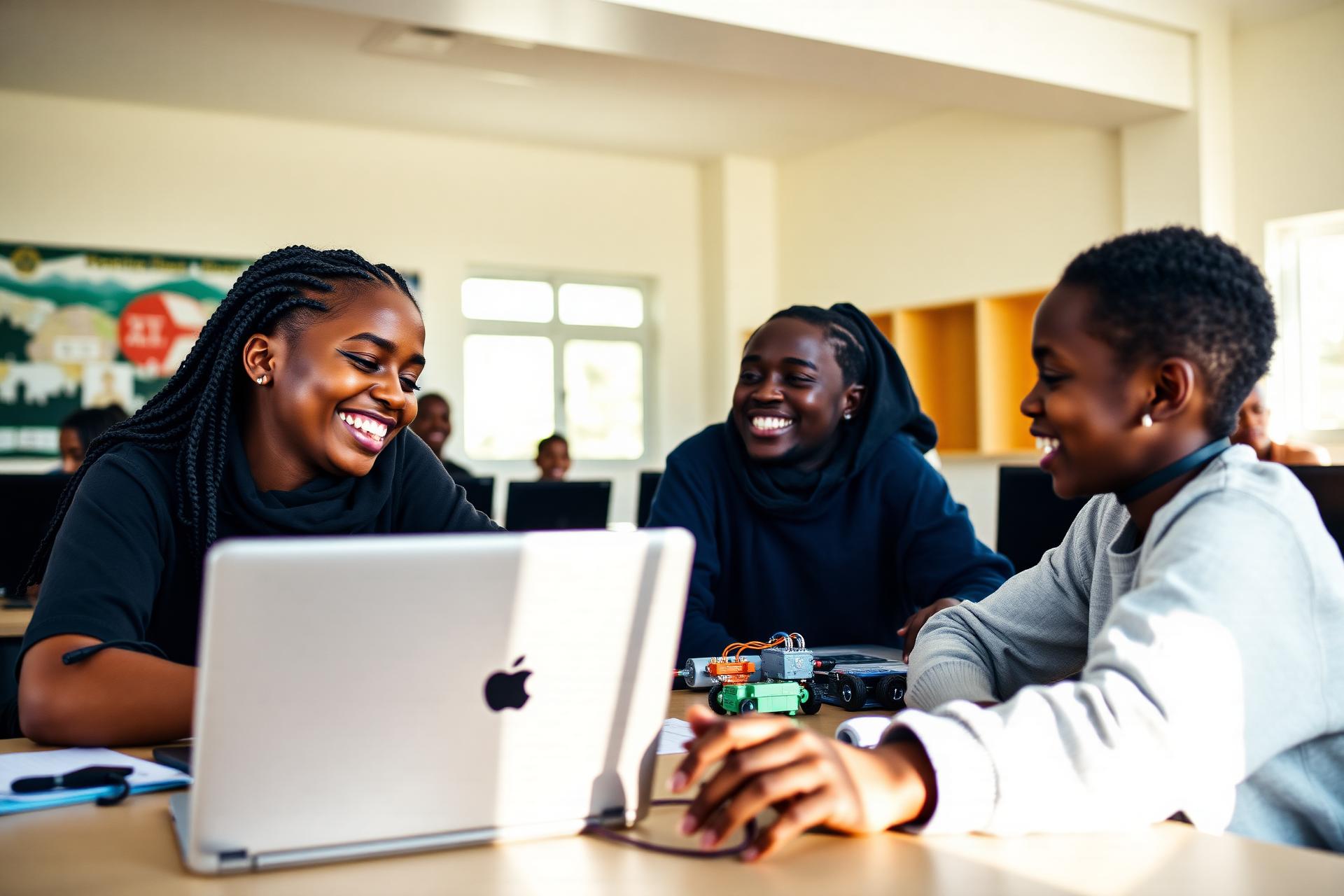 Ghanaian students learning together with laptops and robotics
